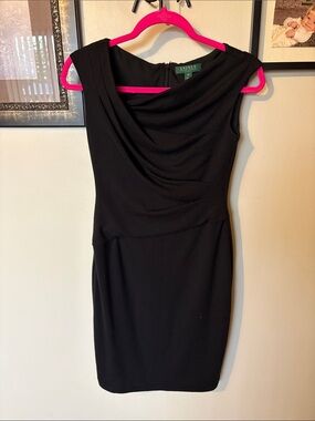 Lauren Ralph Lauren Black Draped Neck Mini Sheath Dress